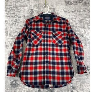 Vtg Pendleton Wool Trail Shirt Men M 70s Red Blue Plaid Grid Check Made in USA